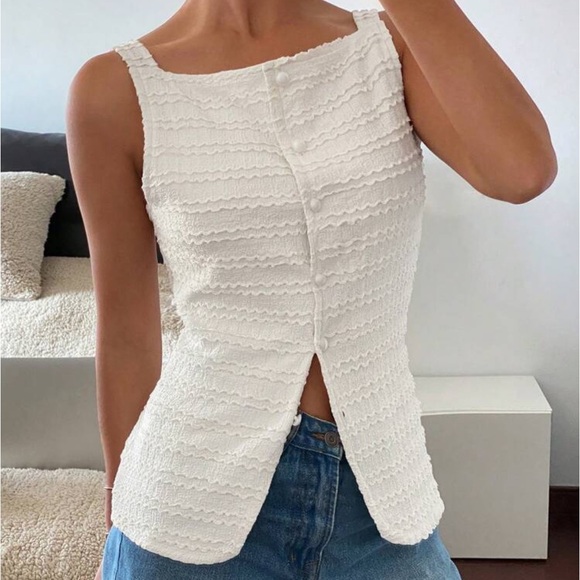 Women Square Collar Open Placket Buttons Sleeveless Textured Horizontal Stripes - Picture 2 of 4